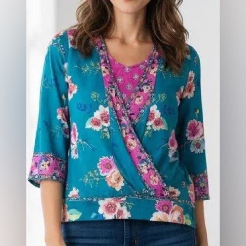 Tolani Christelle orchid floral boho wrap blouse blue. Medium